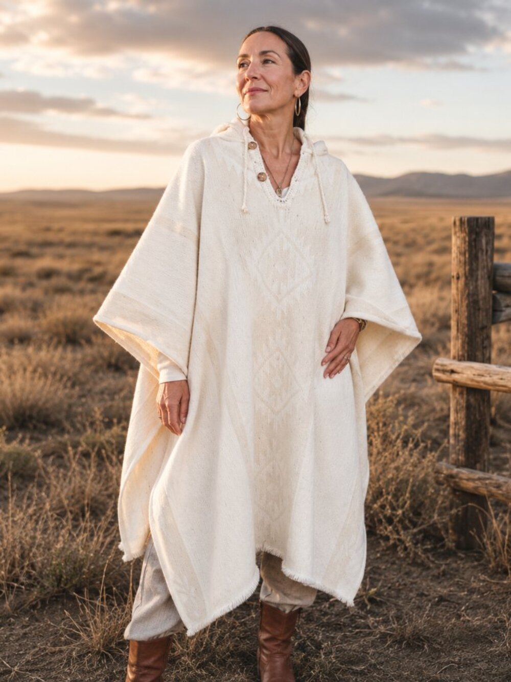 100% Andean Wool Hooded Poncho Natural Ivory Handwoven Unisex Pullover Coat